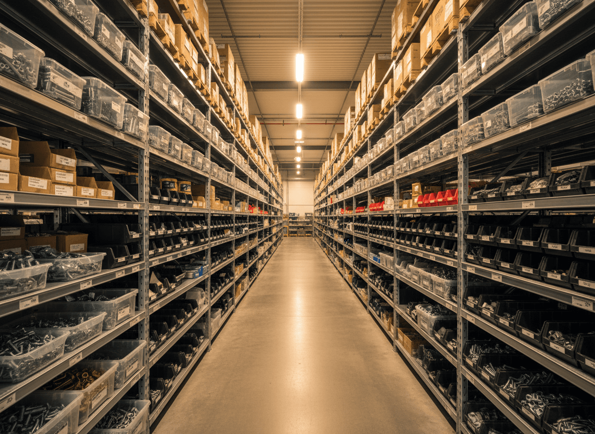 Inside Mufaddal Fasteners — rows of labelled fastener bins in our Dubai warehouse